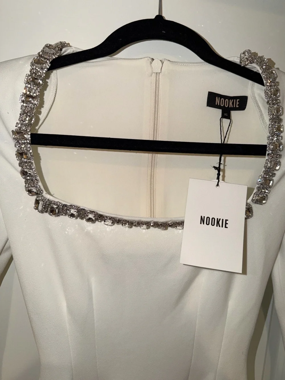 Nookie White Long-Sleeve Mini Dress with Embellished Square Neckline Size XS - Picture 7 of 9